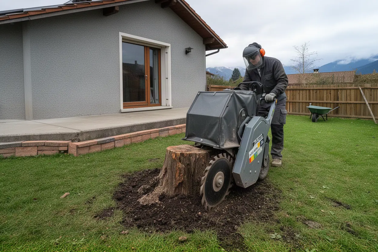 Rogneuse supprimant une souche dans un jardin de Meylan