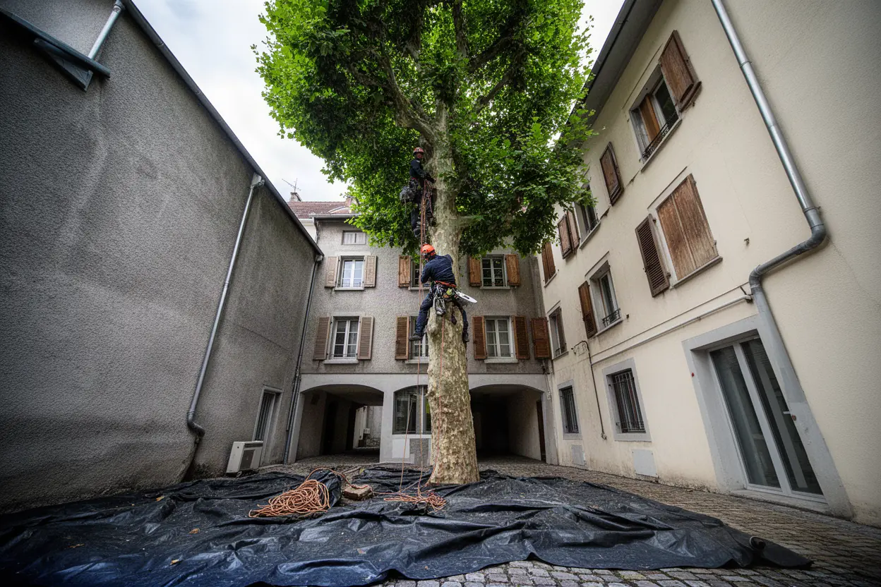 Élagueur grimpeur progressant sur cordes dans un arbre à Meylan