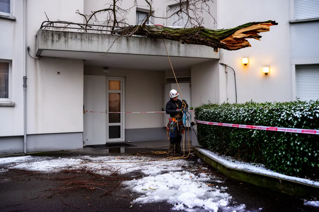 Équipe sécurisant une branche cassée après neige à Meylan