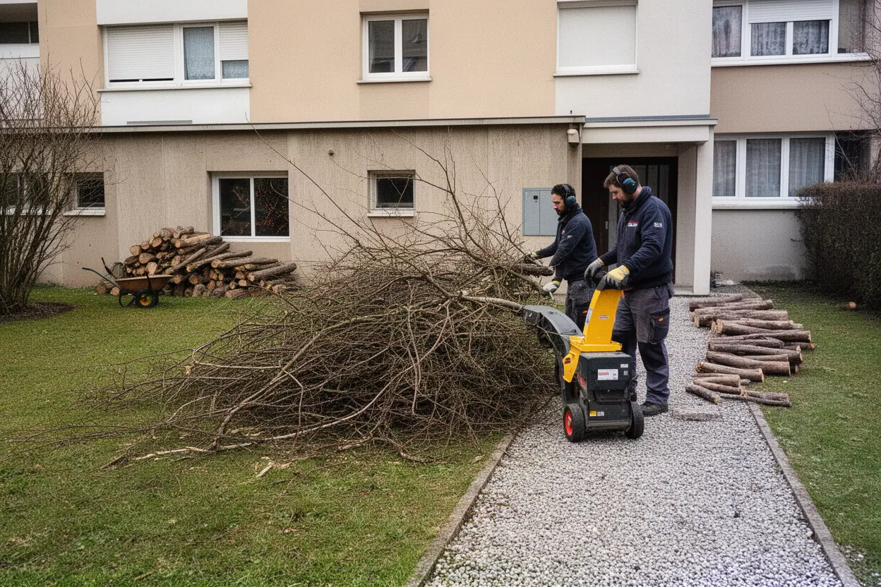 Professionnel broyant des branches après élagage à Meylan
