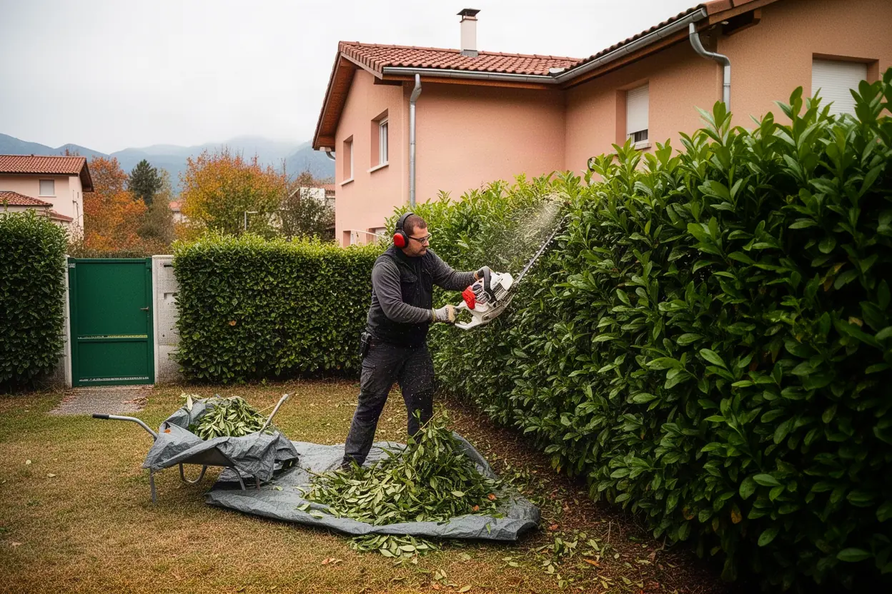 Jardinier taillant une haie dense devant une maison à Meylan